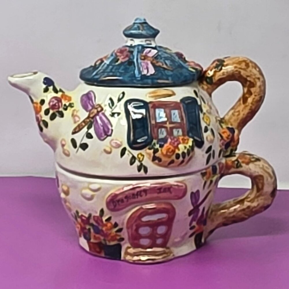 vintage Hand-Painted Ceramic Cottage‎ Style Dragonfly Teapot & Cup Set With Lid